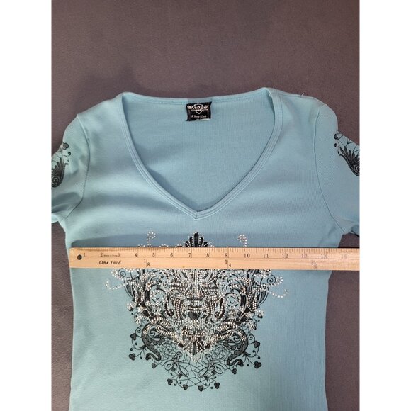 VTG 90's y2k Grunge Cyber Streetwear Blue Ribbed Top Embellished Sledge USA XL - Picture 5 of 9
